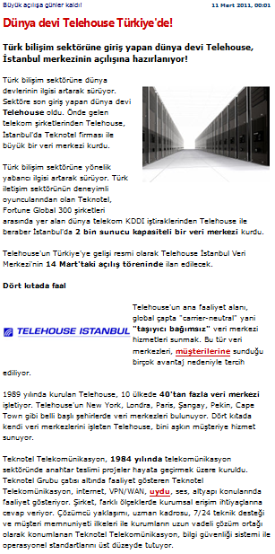 Chip Online 11 Mart 2011 / Telehouse Istanbul Veri Merkezi İstanbul'da Açılıyor Haber