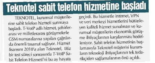 Vatan Mayıs 2011 / Teknotel Telekom Sabit Telefon Hizmetine Başladı Haber